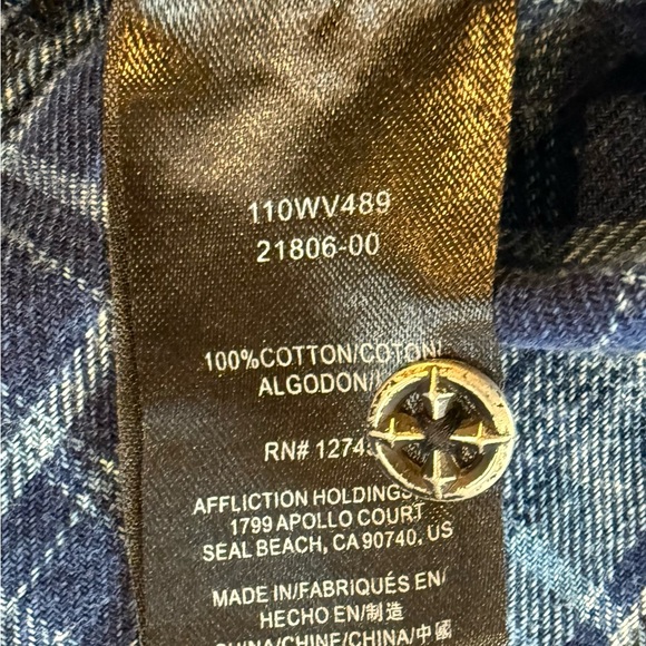 Affliction Men's Buckle Black Premium Blue Black Plaid Button Up Shirt XL - Picture 7 of 8